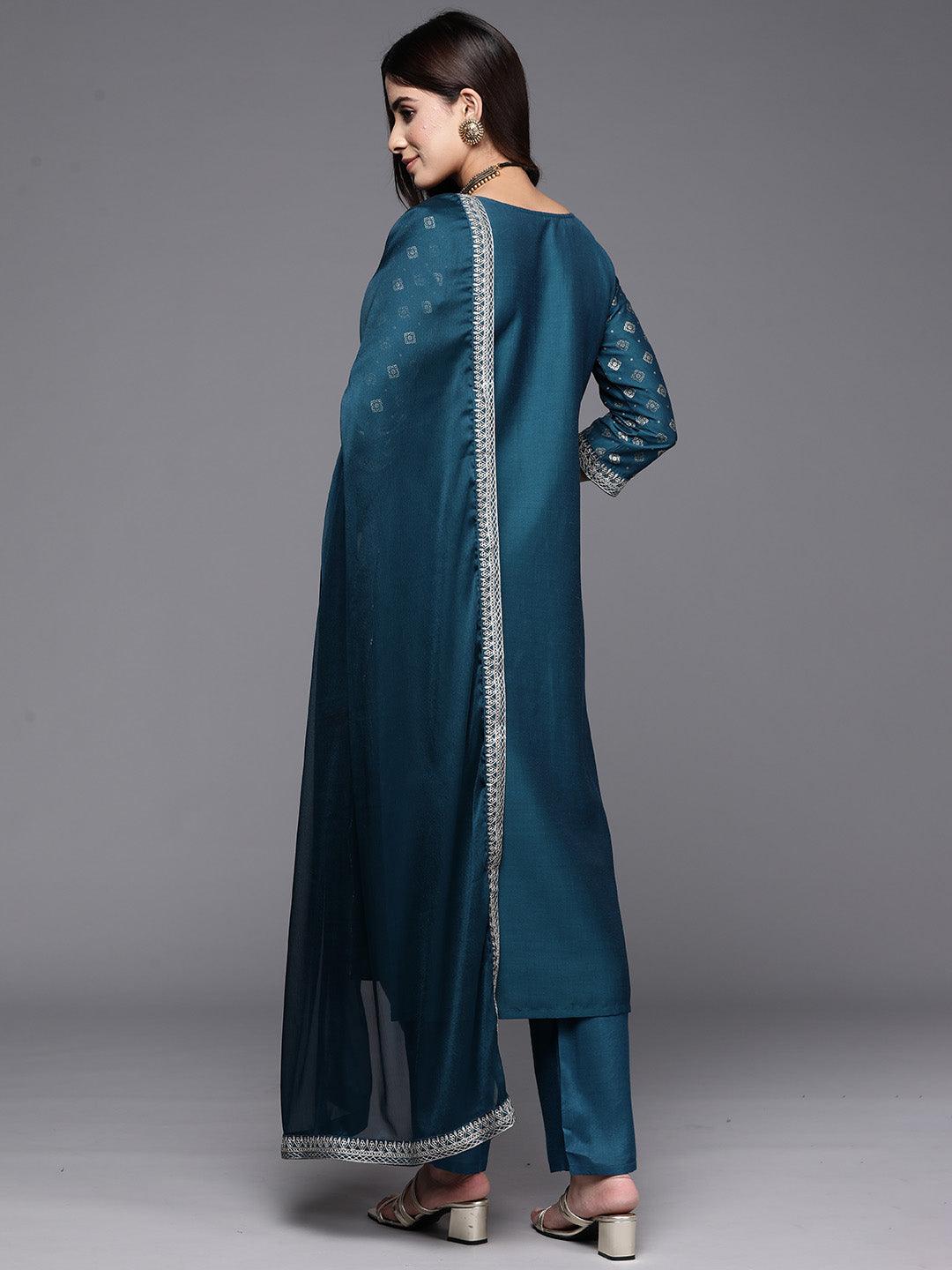 Teal Woven Design Silk Blend Straight Kurta With Trousers & Dupatta - Libas 