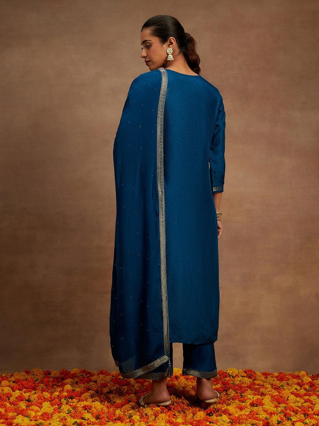 Teal Woven Design Silk Blend Straight Kurta With Trousers & Dupatta - Libas