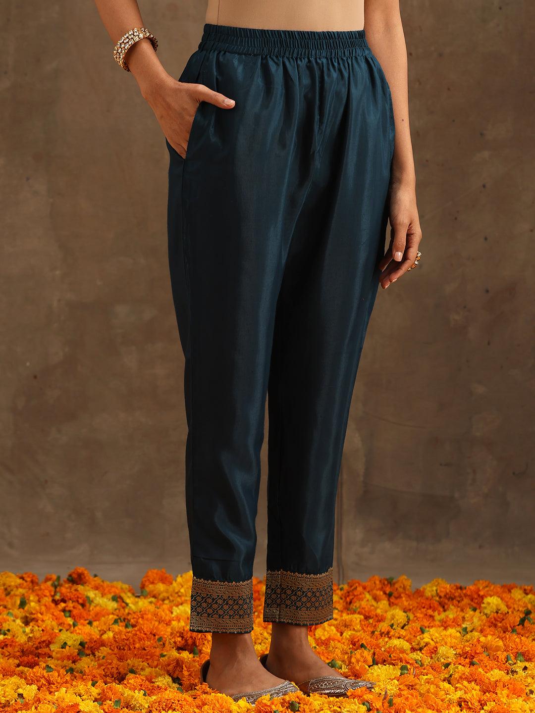 Teal Woven Design Silk Blend Straight Kurta With Trousers & Dupatta