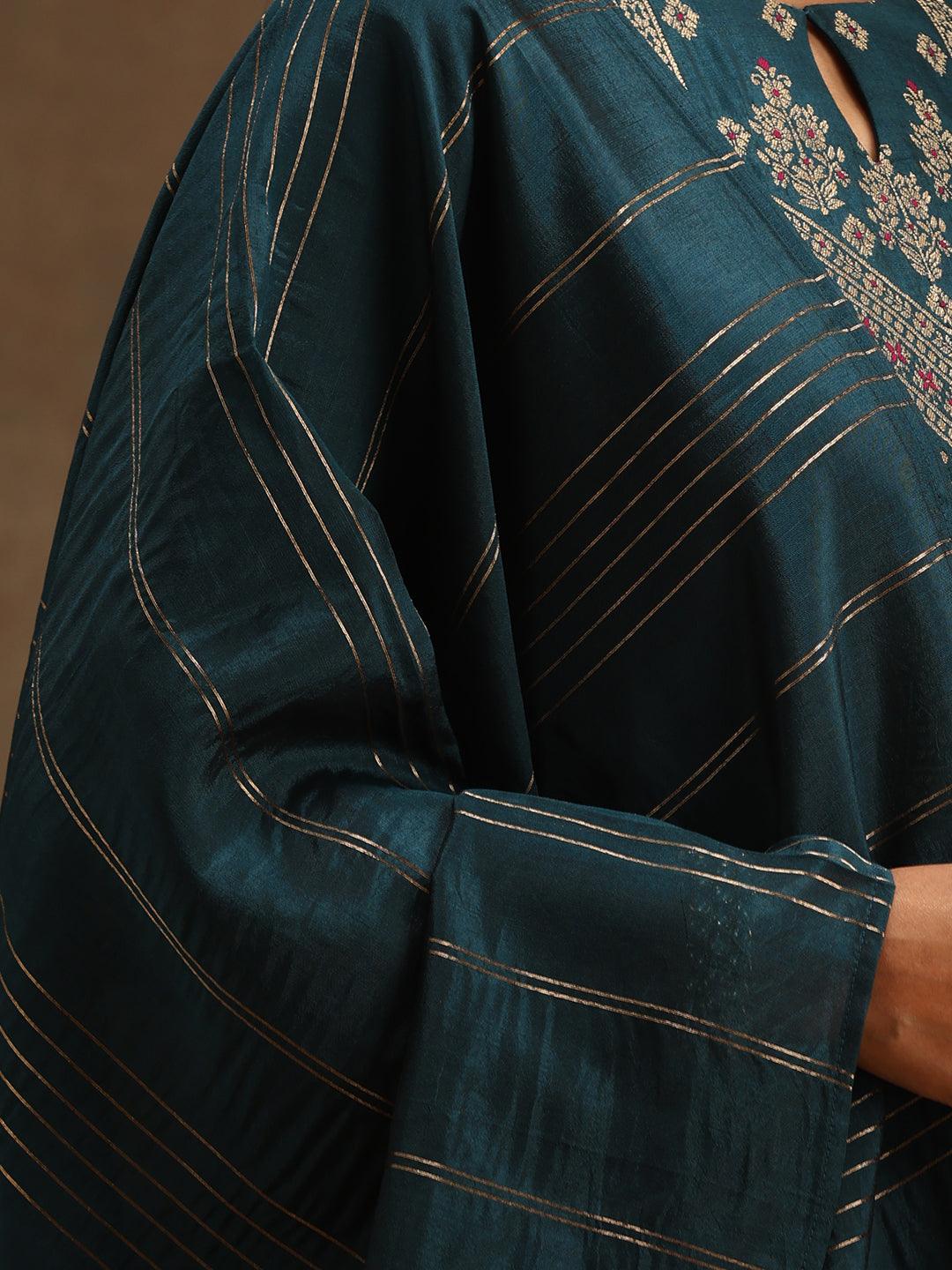 Teal Woven Design Silk Blend Straight Kurta With Trousers & Dupatta
