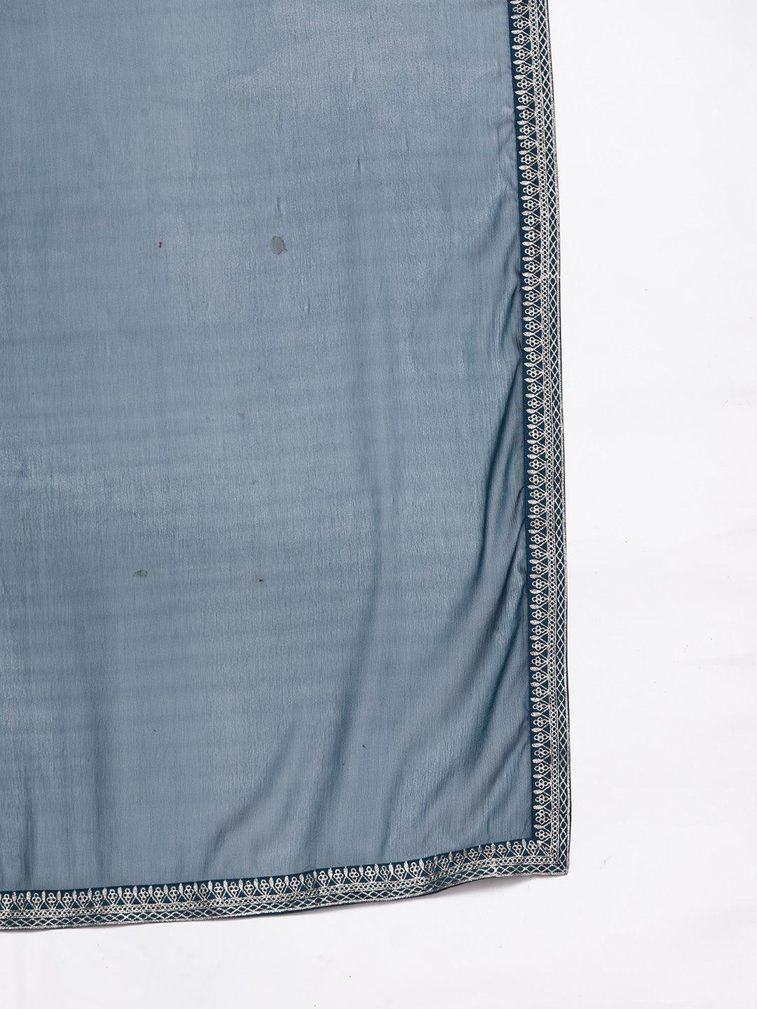 Teal Woven Design Silk Blend Straight Kurta With Trousers & Dupatta - Libas 