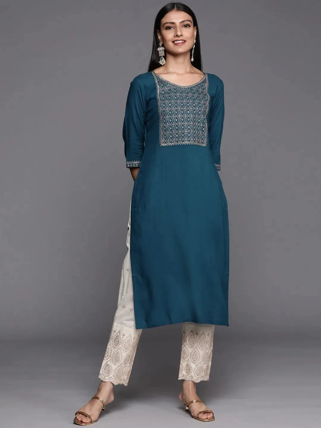 Teal Yoke Design Rayon Straight Kurta - Libas