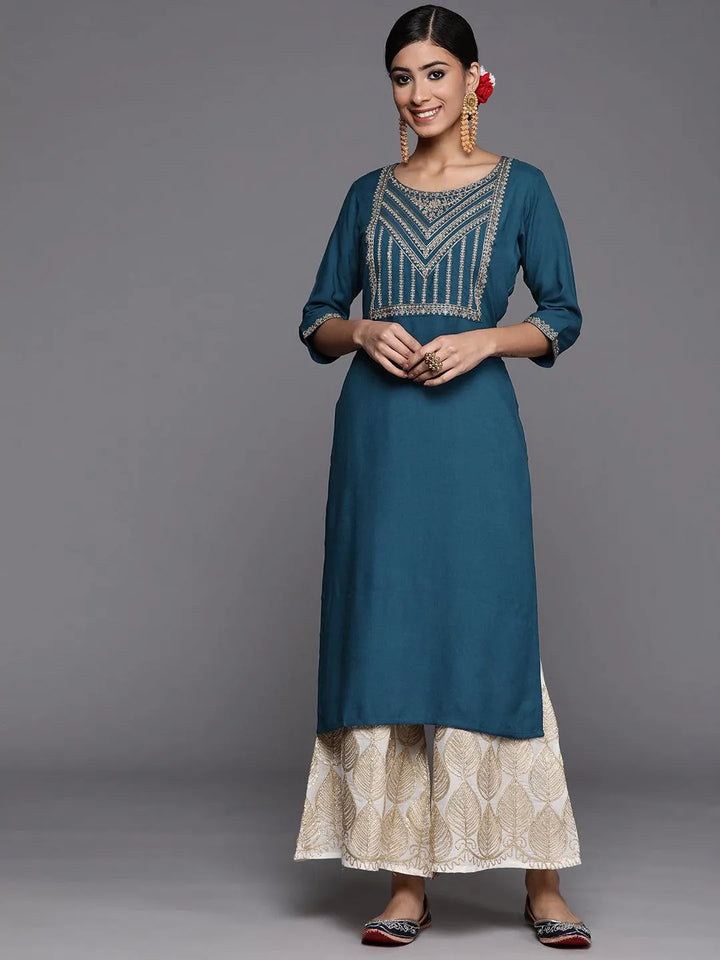 Teal Yoke Design Rayon Straight Kurta - Libas