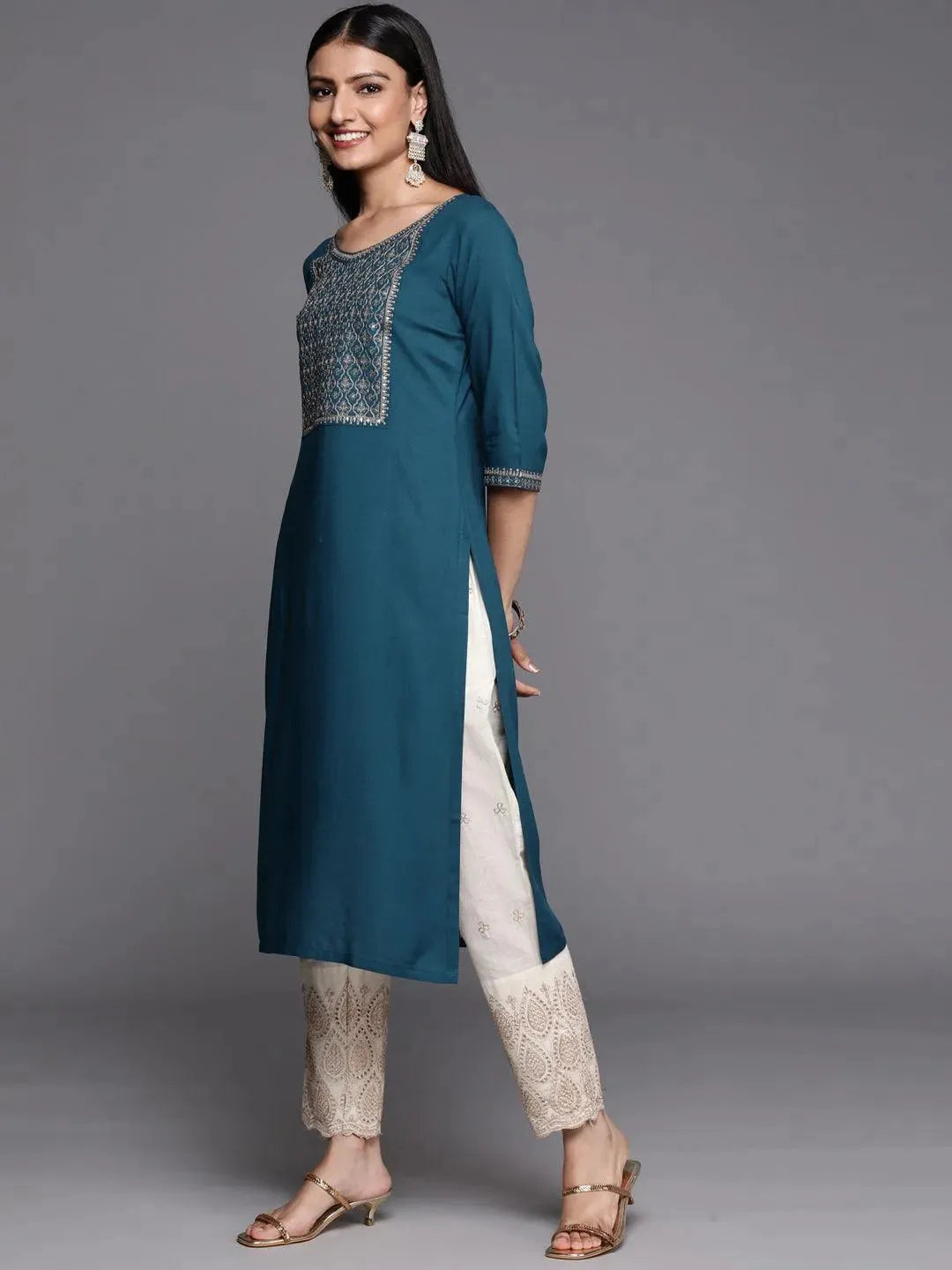 Teal Yoke Design Rayon Straight Kurta - Libas