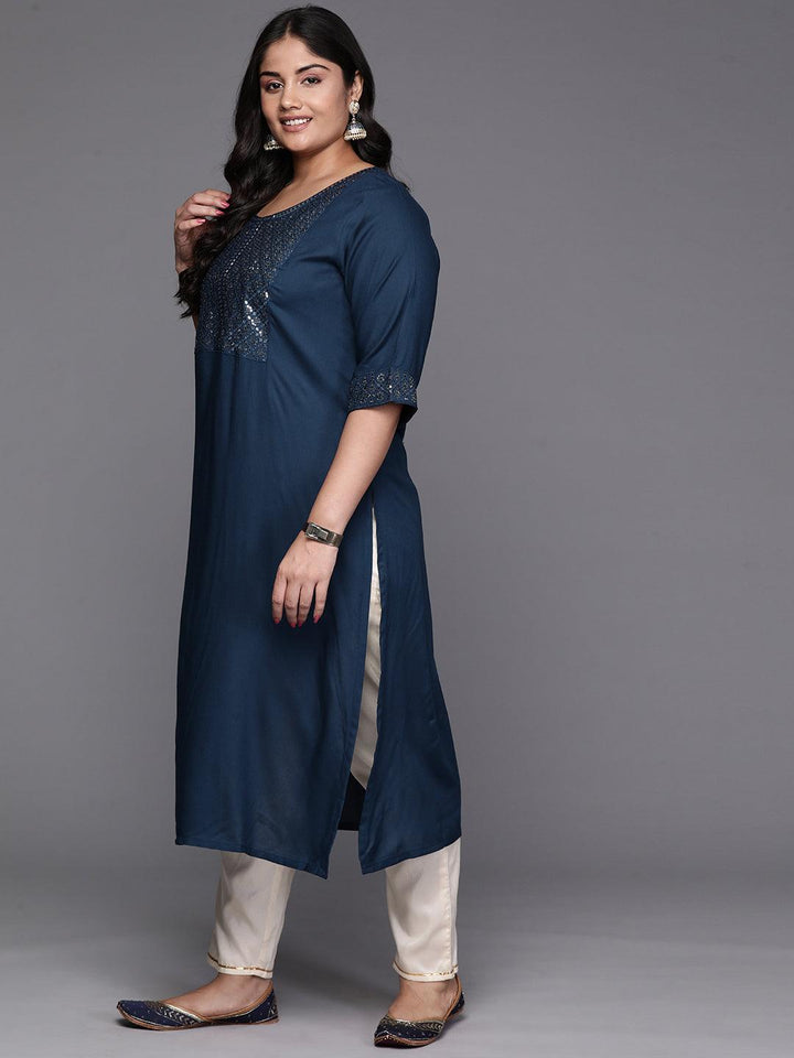 Teal Yoke Design Rayon Straight Kurta - Libas