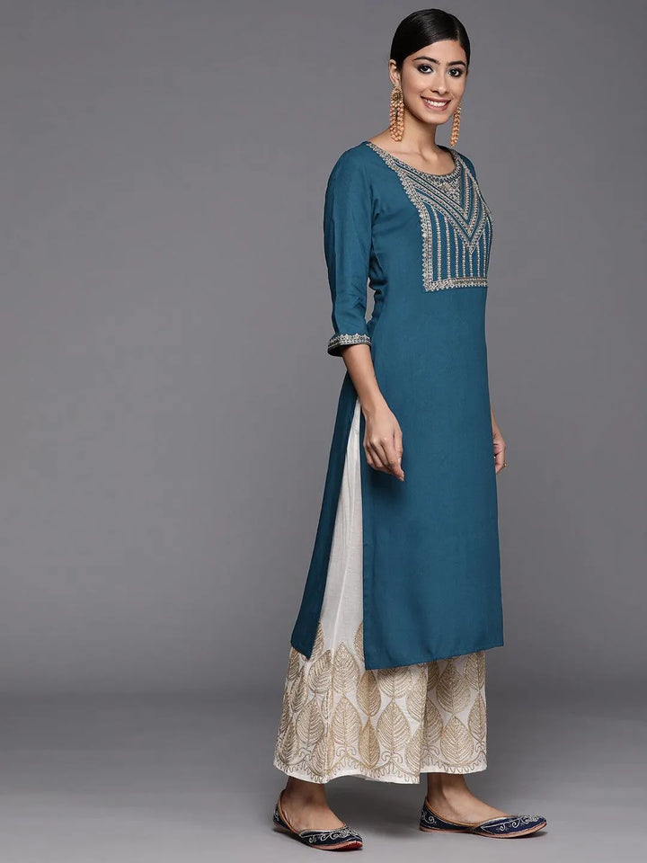 Teal Yoke Design Rayon Straight Kurta - Libas