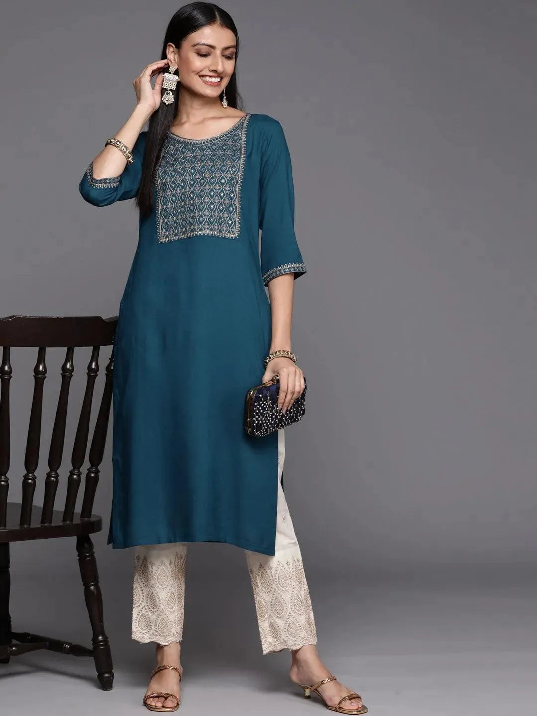 Teal Yoke Design Rayon Straight Kurta - Libas