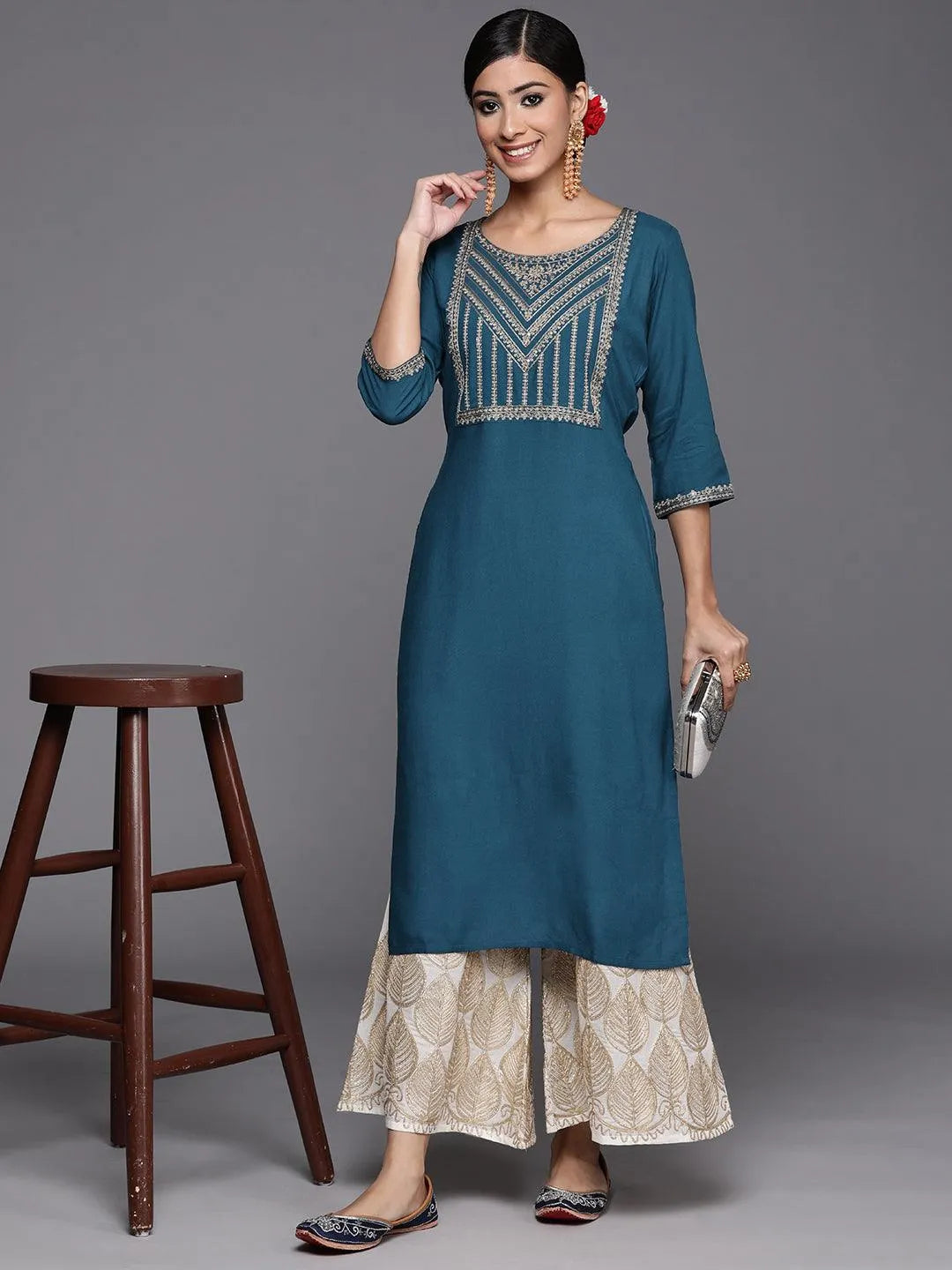 Teal Yoke Design Rayon Straight Kurta - Libas