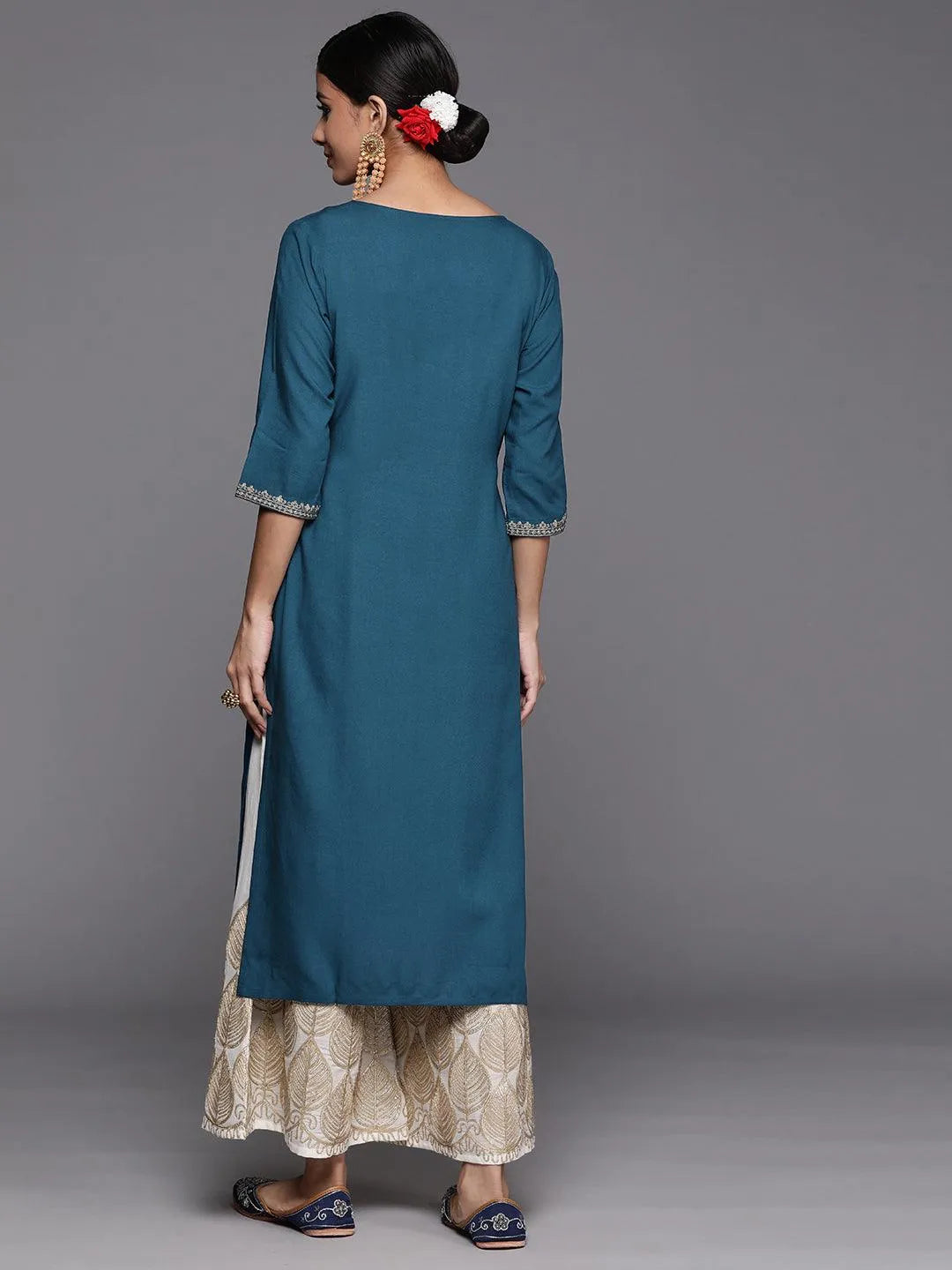 Teal Yoke Design Rayon Straight Kurta - Libas