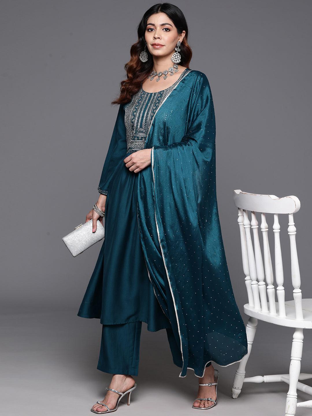 Teal Yoke Design Silk Blend A-Line Kurta With Trousers & Dupatta - Libas