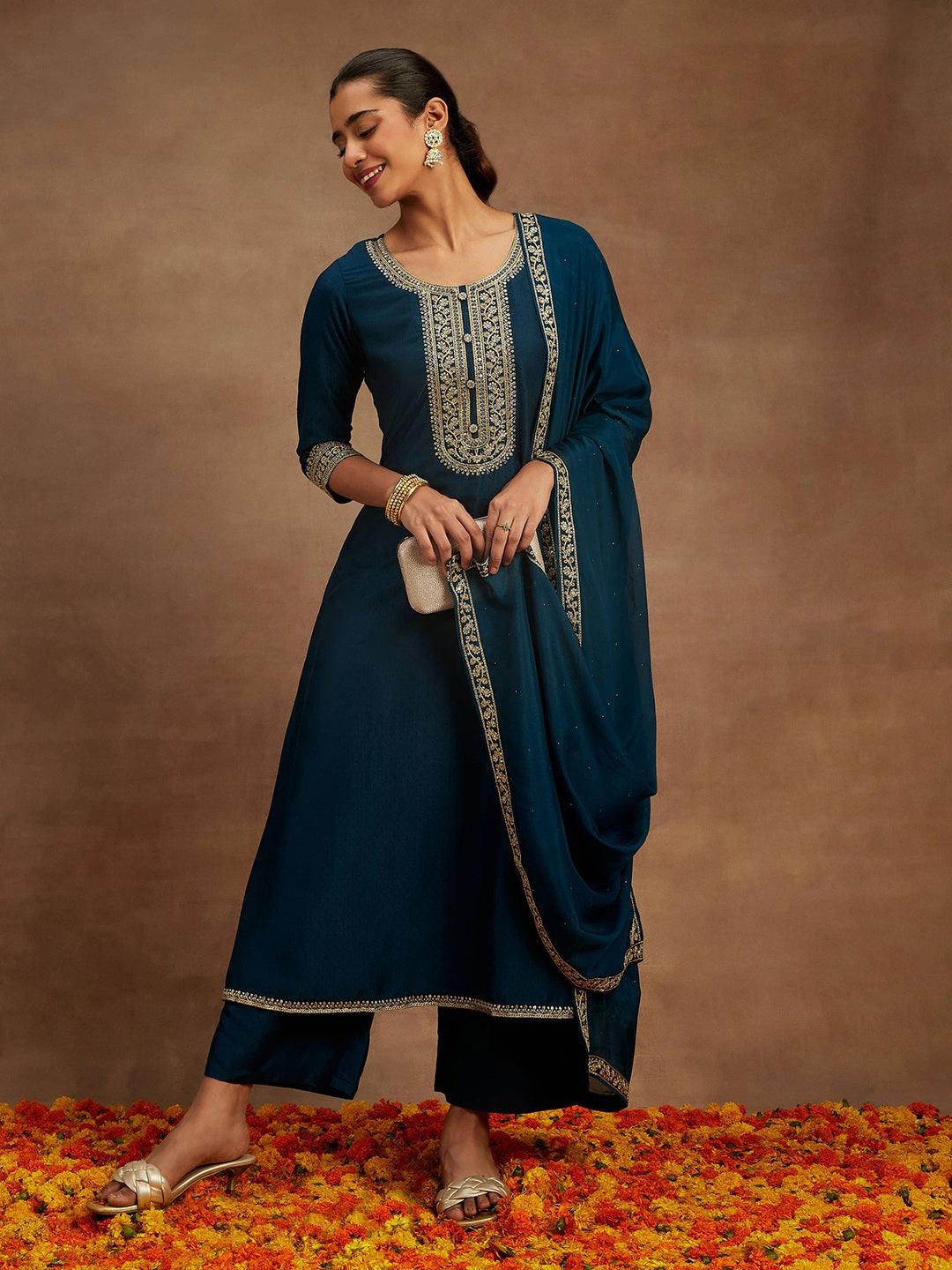 Teal Yoke Design Silk Blend A-Line Kurta With Trousers & Dupatta - Libas