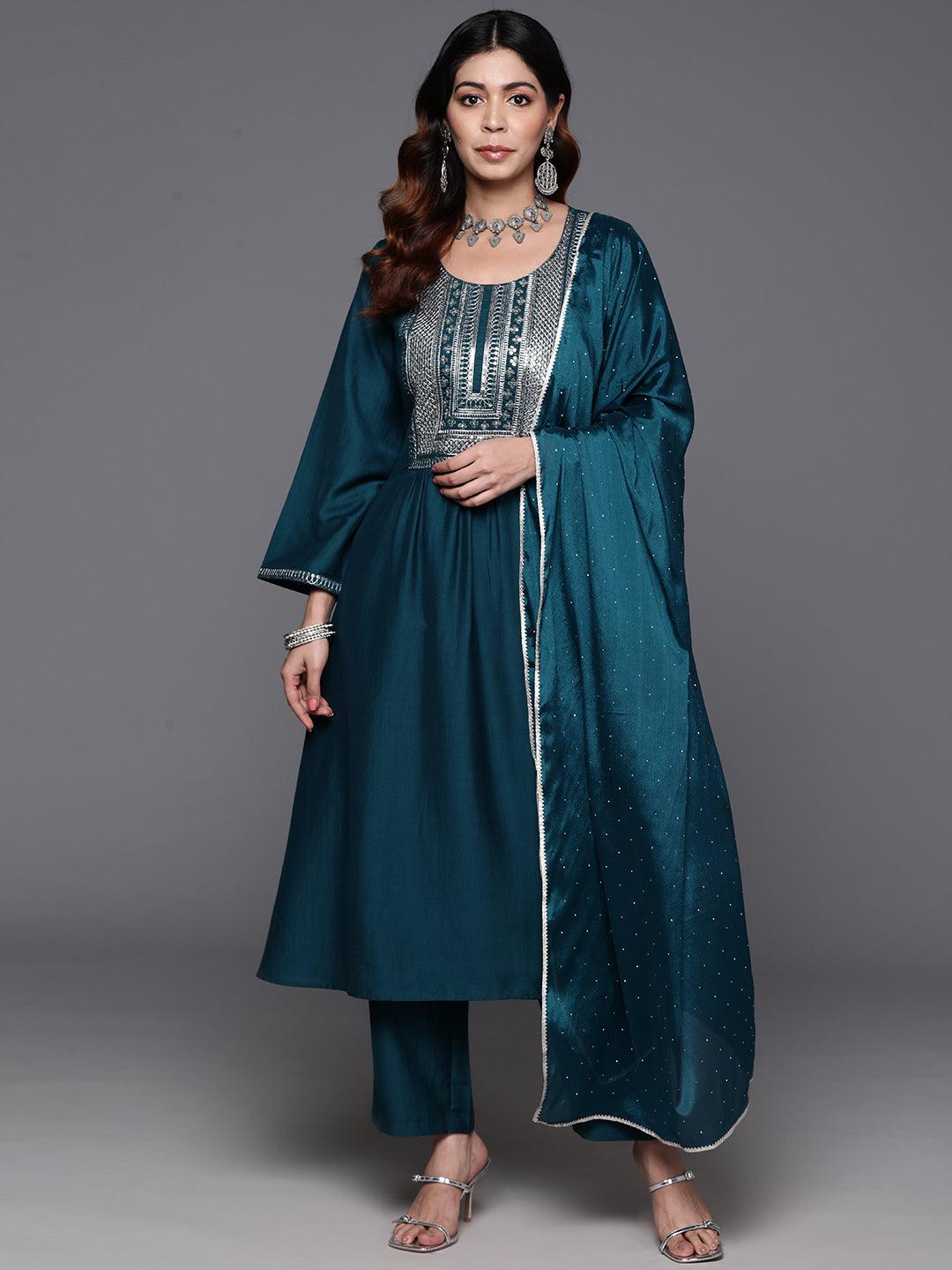 Teal Yoke Design Silk Blend A-Line Kurta With Trousers & Dupatta - Libas