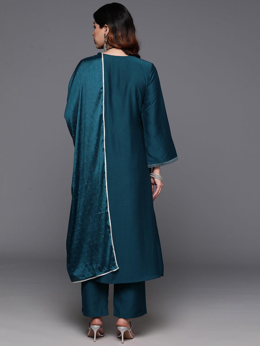 Teal Yoke Design Silk Blend A-Line Kurta With Trousers & Dupatta - Libas