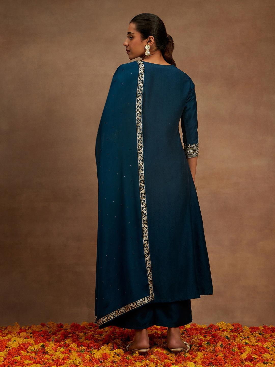 Teal Yoke Design Silk Blend A-Line Kurta With Trousers & Dupatta - Libas