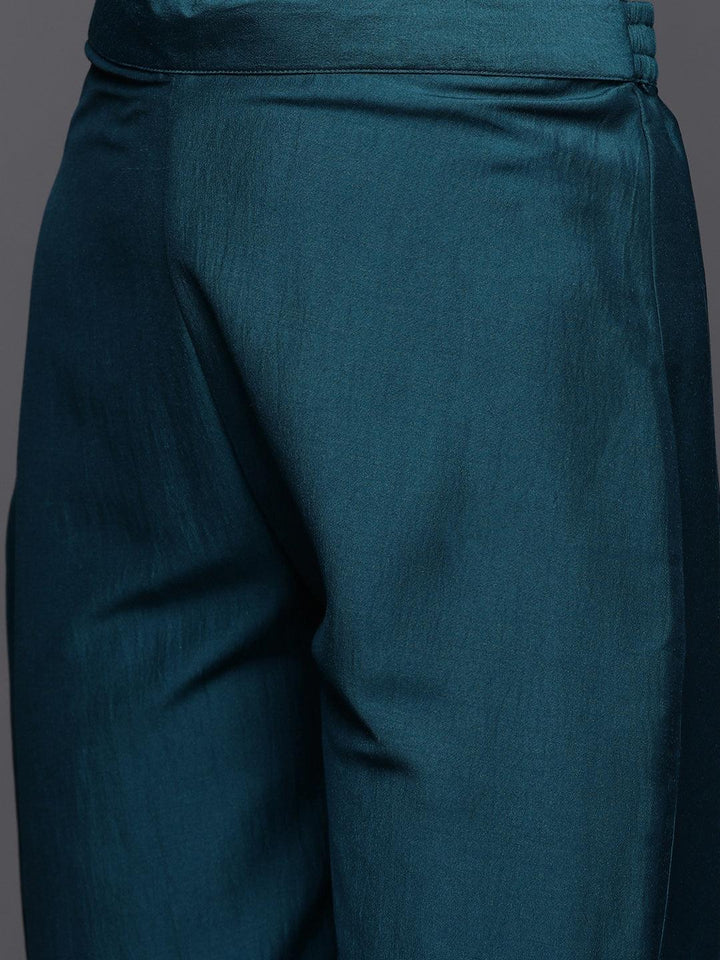 Teal Yoke Design Silk Blend A-Line Kurta With Trousers & Dupatta - Libas