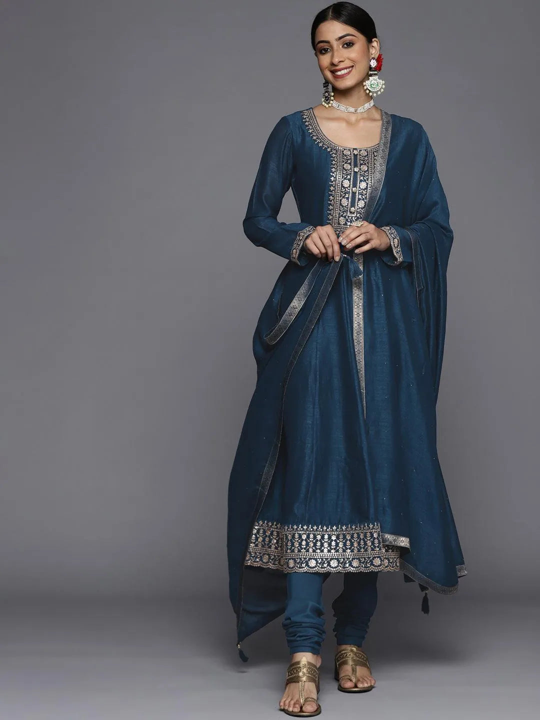 Teal Yoke Design Silk Blend Anarkali Suit Set - Libas 