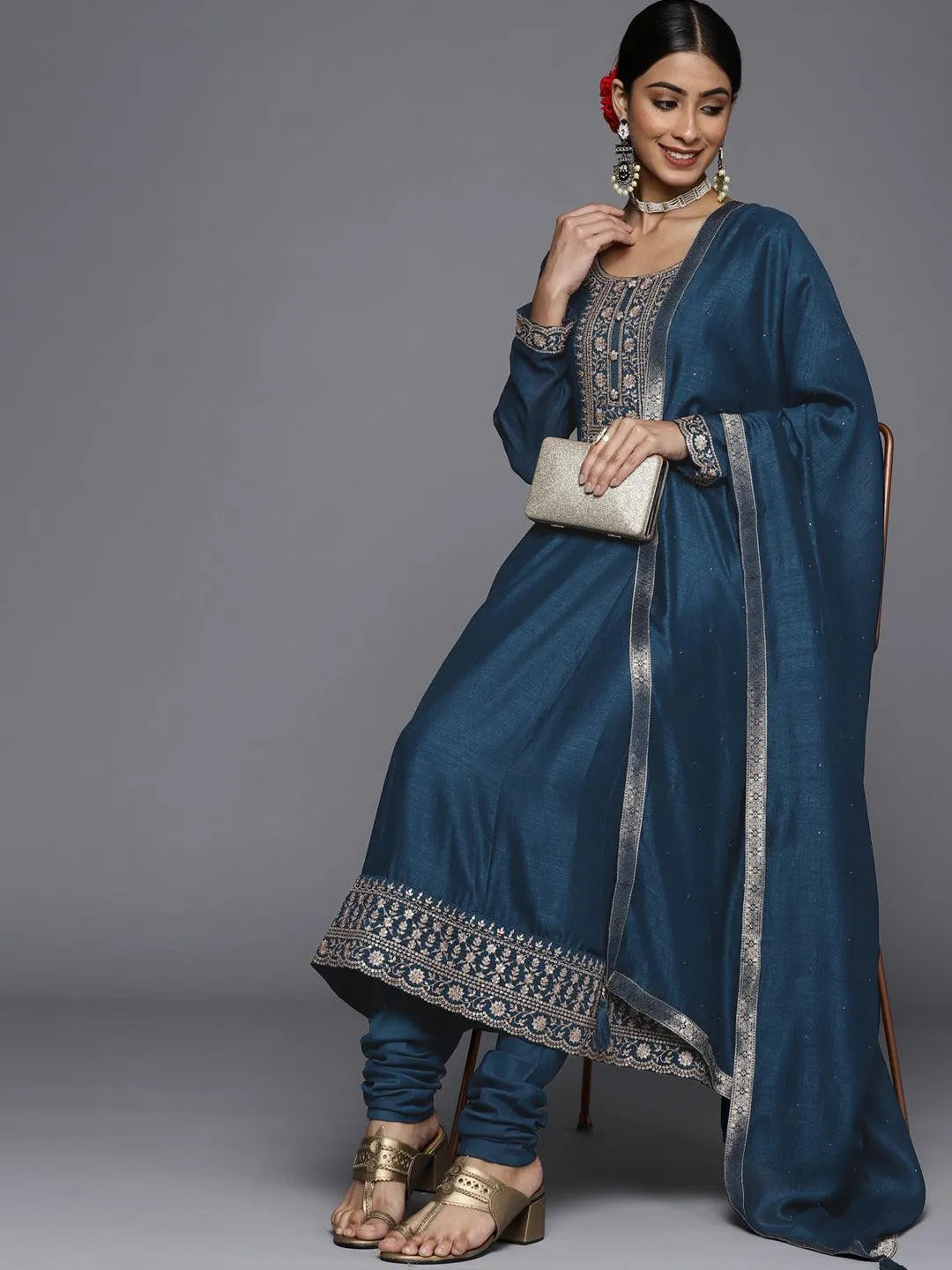 Teal Yoke Design Silk Blend Anarkali Suit Set - Libas 