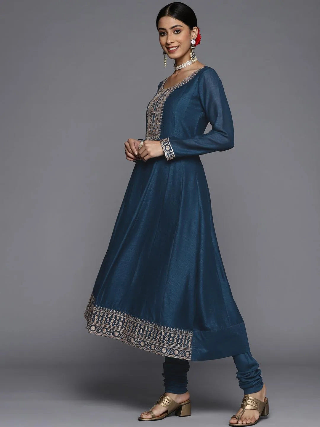 Teal Yoke Design Silk Blend Anarkali Suit Set - Libas 