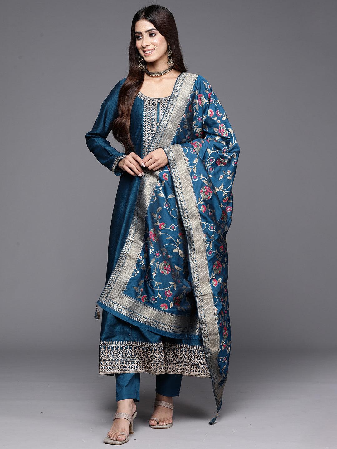 Teal Yoke Design Silk Blend Anarkali Suit With Dupatta