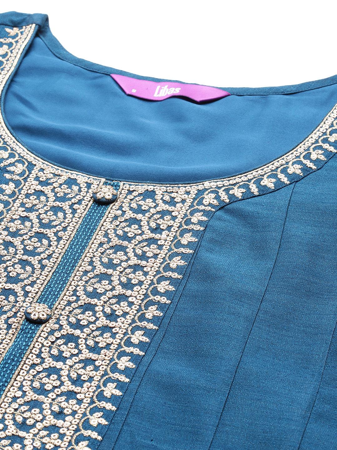 Teal Yoke Design Silk Blend Anarkali Suit With Dupatta
