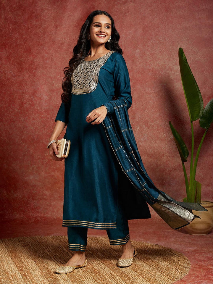 Teal Yoke Design Silk Blend Straight Kurta With Palazzos & Dupatta - Libas