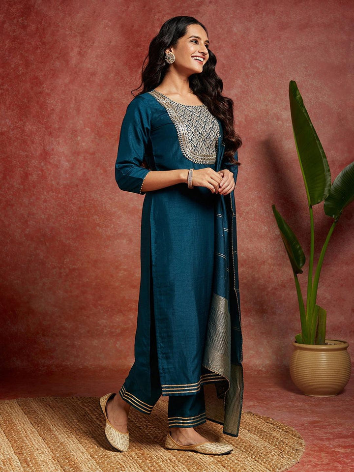 Teal Yoke Design Silk Blend Straight Kurta With Palazzos & Dupatta - Libas