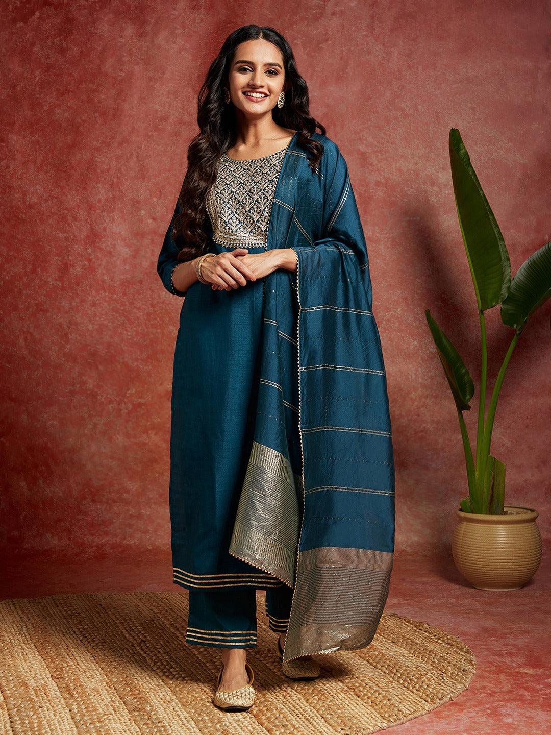 Teal Yoke Design Silk Blend Straight Kurta With Palazzos & Dupatta - Libas