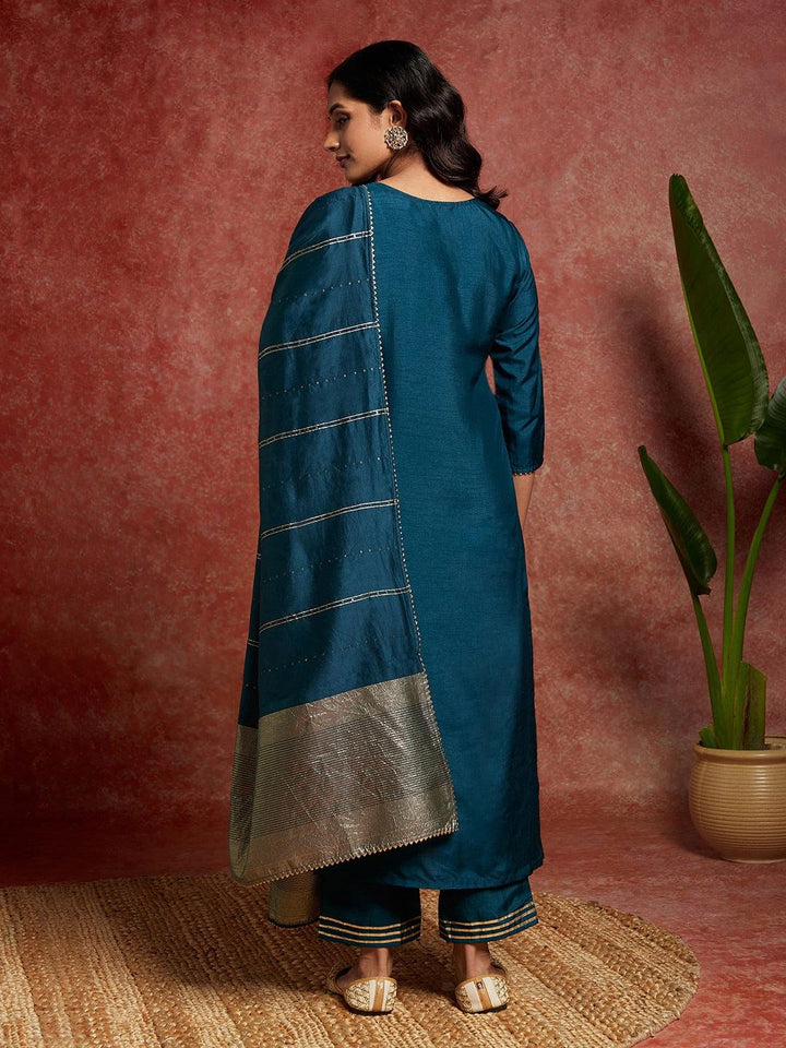 Teal Yoke Design Silk Blend Straight Kurta With Palazzos & Dupatta - Libas