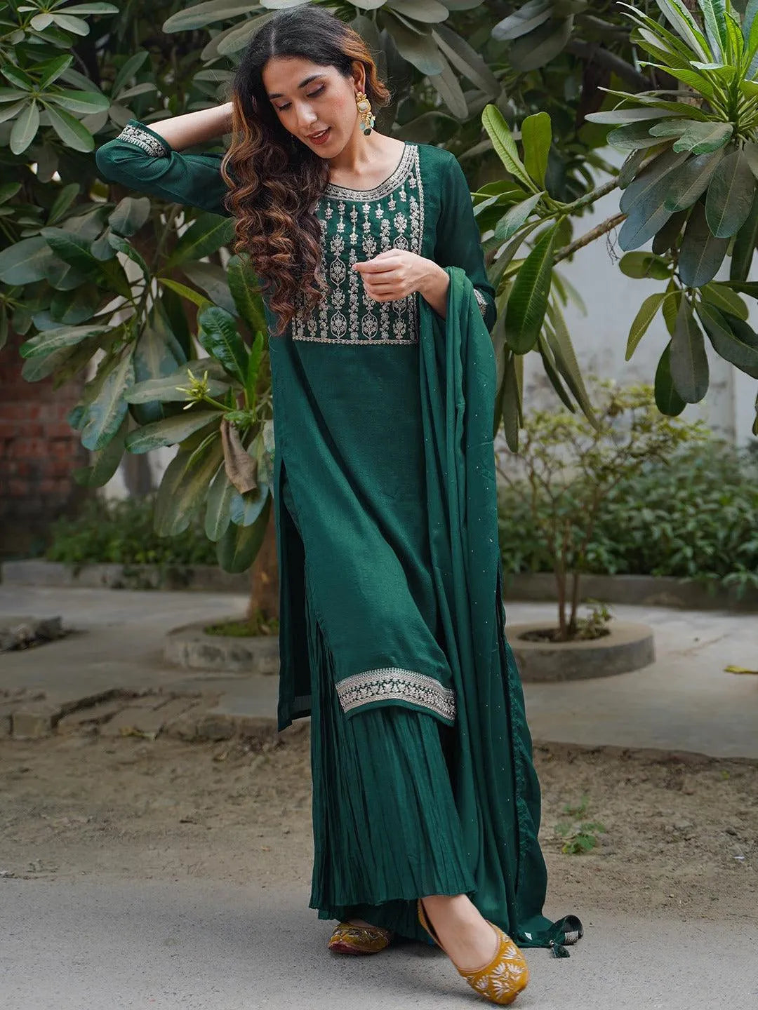 Teal Yoke Design Silk Blend Straight Suit Set - Libas 