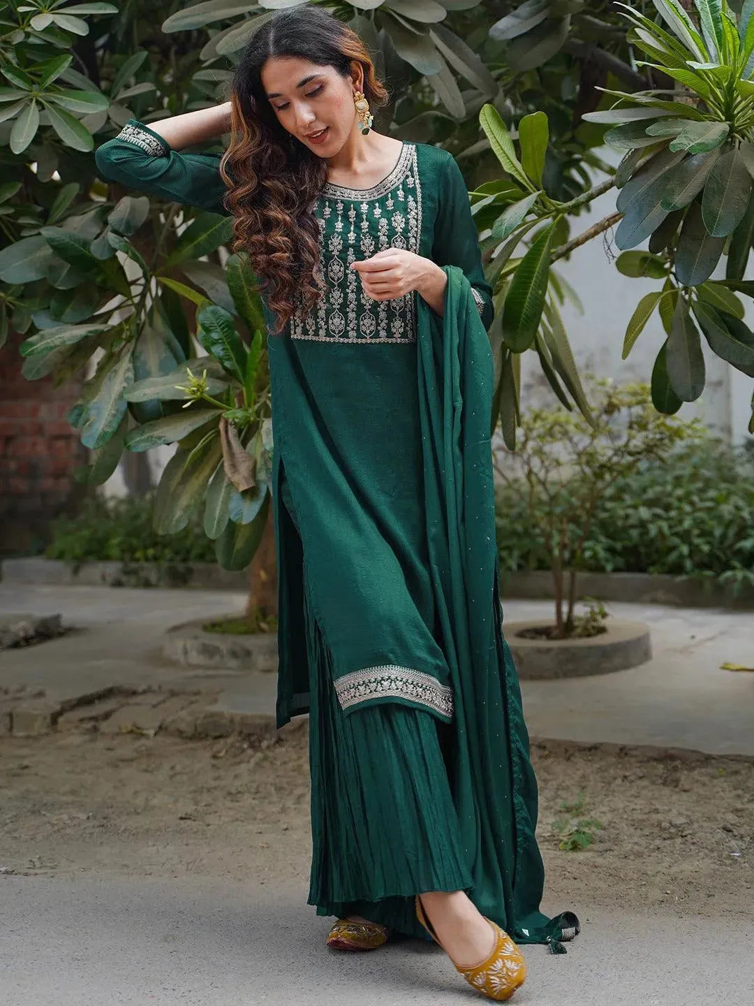 

Teal Yoke Design Silk Blend Straight Kurta With Sharara & Dupatta