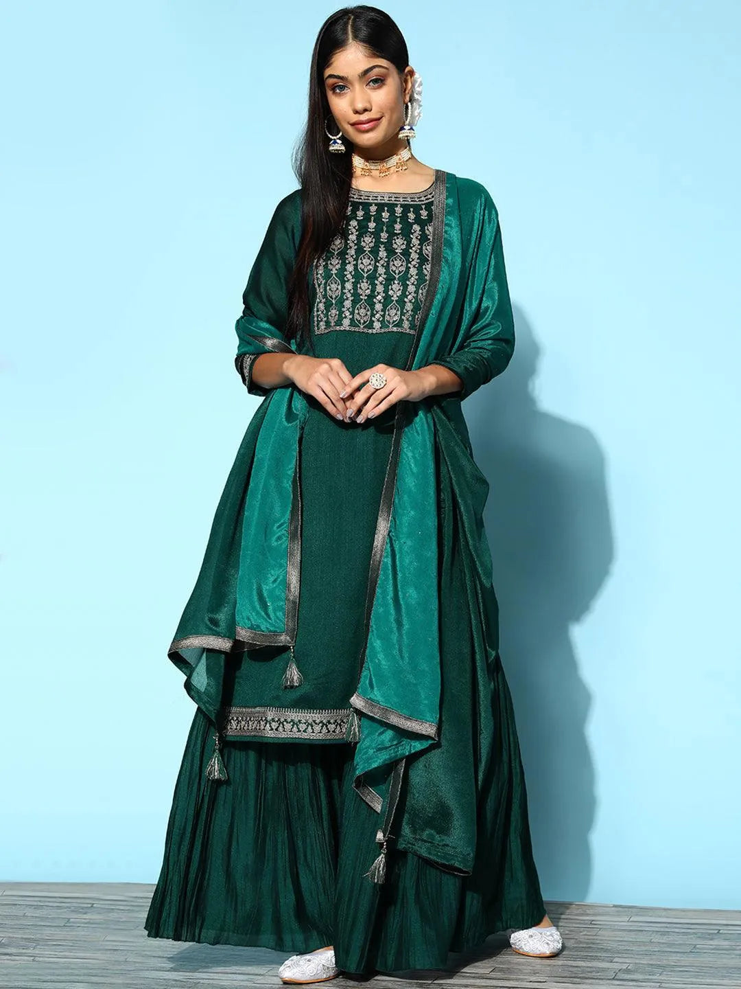 Teal Yoke Design Silk Blend Straight Suit Set - Libas 