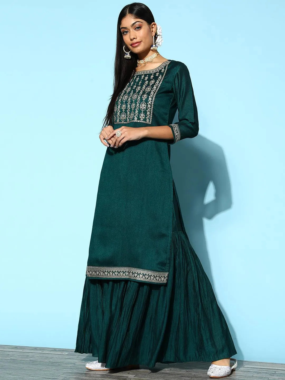 Teal Yoke Design Silk Blend Straight Suit Set - Libas 