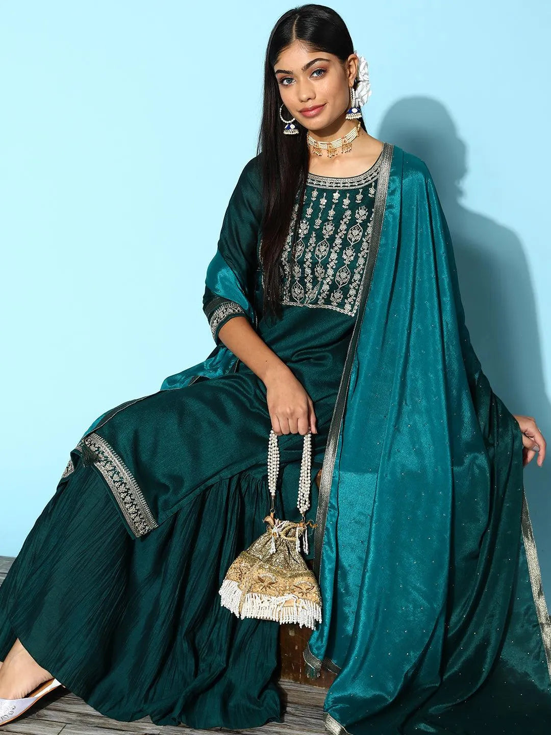 Teal Yoke Design Silk Blend Straight Suit Set - Libas