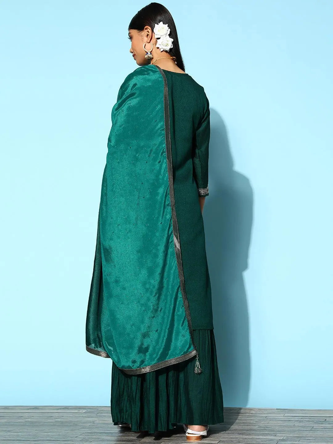 Teal Yoke Design Silk Blend Straight Suit Set - Libas