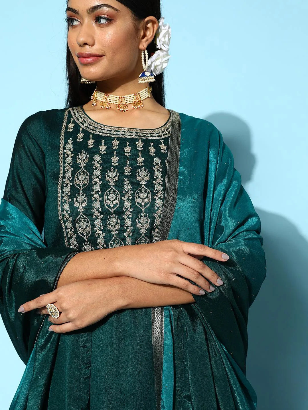 Teal Yoke Design Silk Blend Straight Suit Set - Libas 