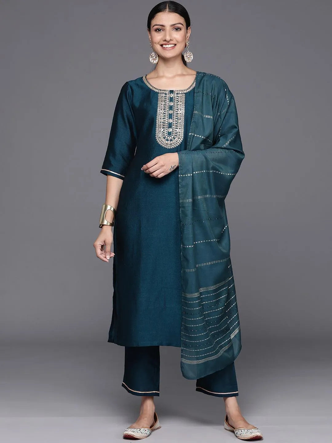 Teal Yoke Design Silk Blend Straight Kurta With Trousers & Dupatta - Libas