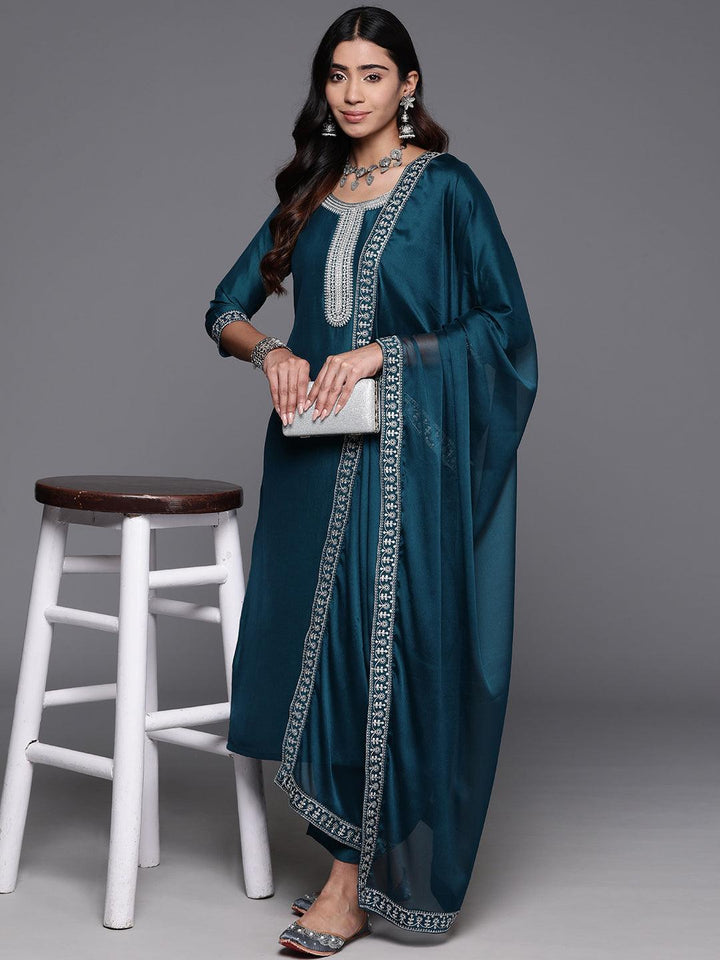 Teal Yoke Design Silk Blend Straight Kurta With Trousers & Dupatta - Libas