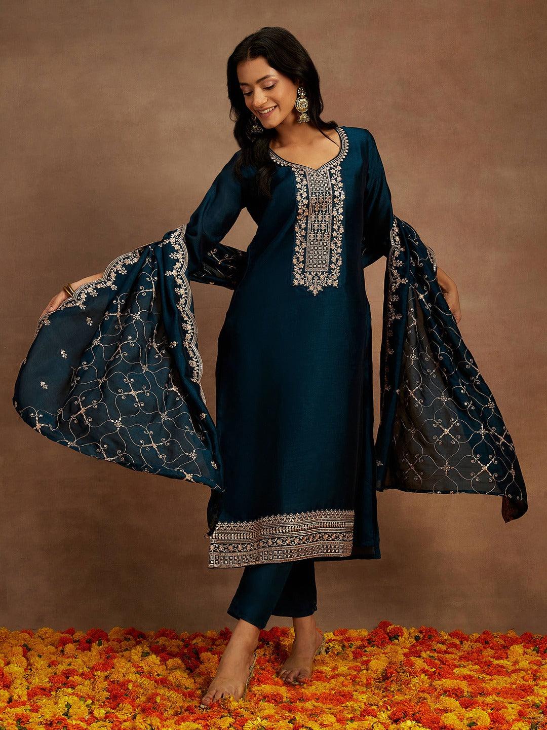 Teal Yoke Design Silk Blend Straight Kurta With Trousers & Dupatta - Libas 