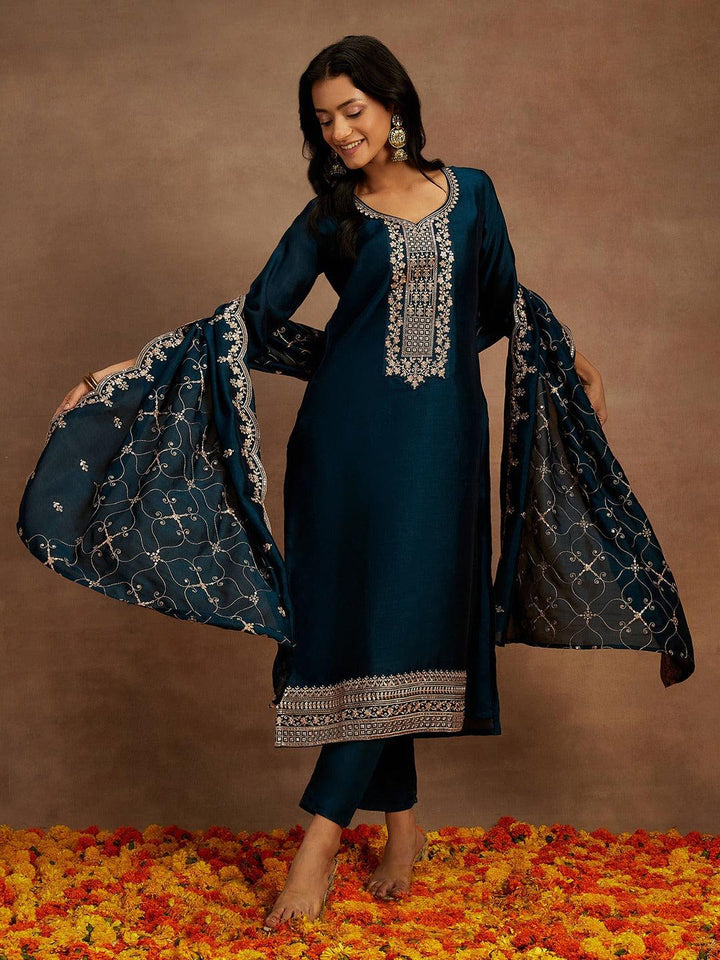 Teal Yoke Design Silk Blend Straight Kurta With Trousers & Dupatta - Libas