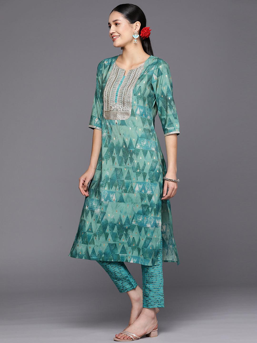 Teal Yoke Design Silk Blend Straight Suit Set With Trousers - Libas