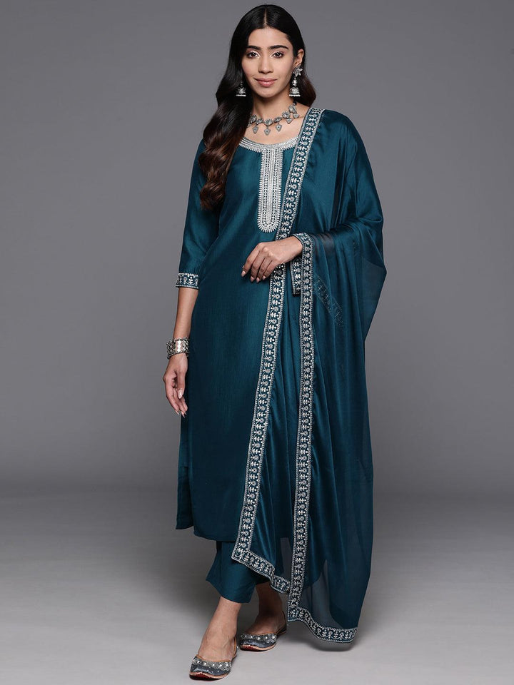 Teal Yoke Design Silk Blend Straight Kurta With Trousers & Dupatta - Libas