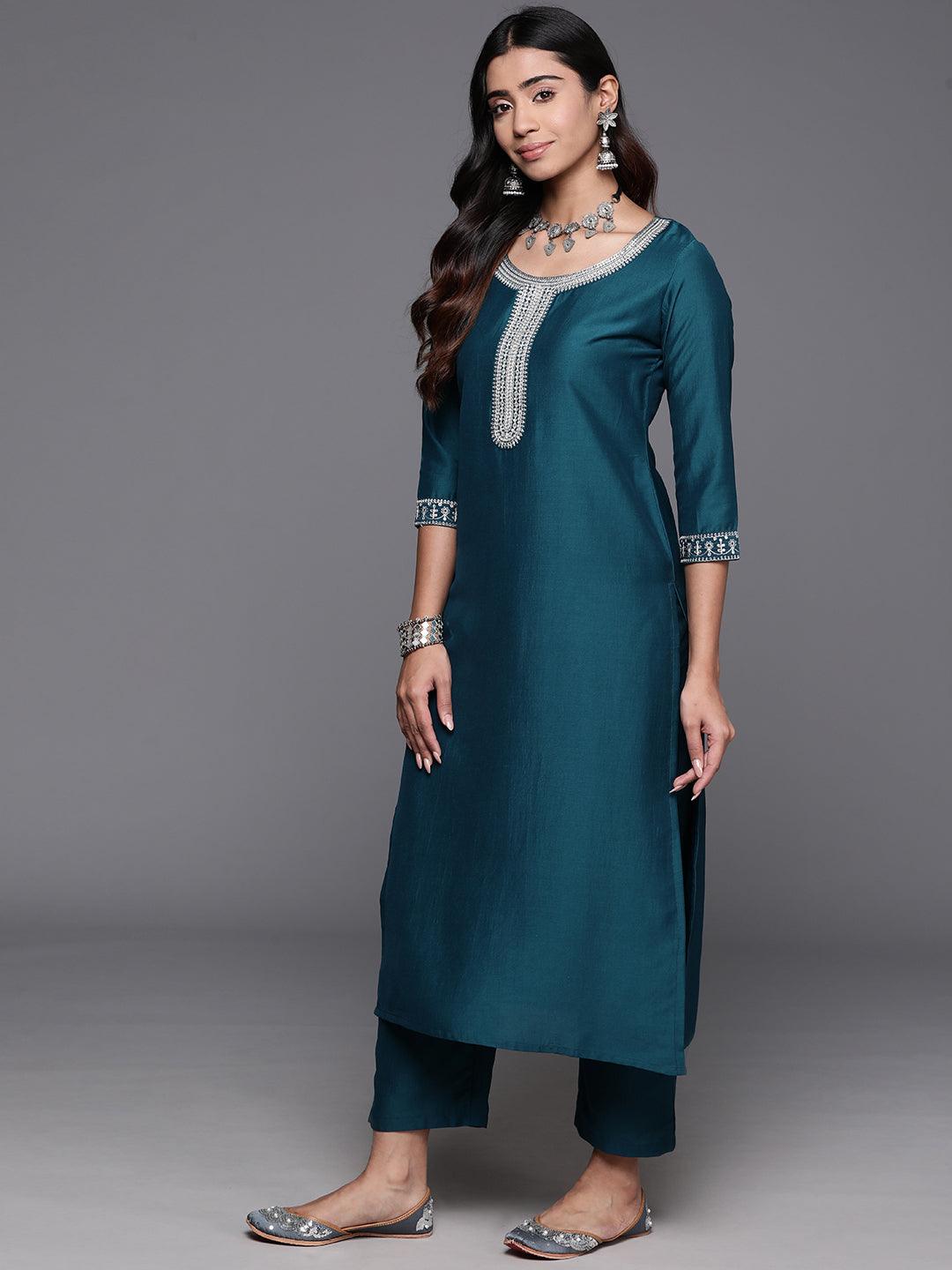 Teal Yoke Design Silk Blend Straight Kurta With Trousers & Dupatta - Libas