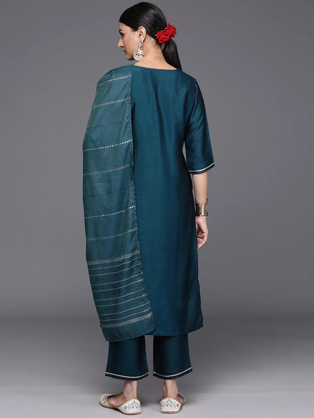 Teal Yoke Design Silk Blend Straight Kurta With Trousers & Dupatta - Libas