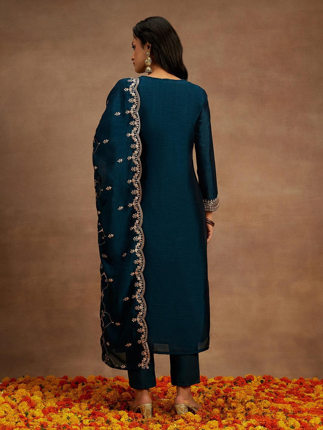 Teal Yoke Design Silk Blend Straight Kurta With Trousers & Dupatta - Libas