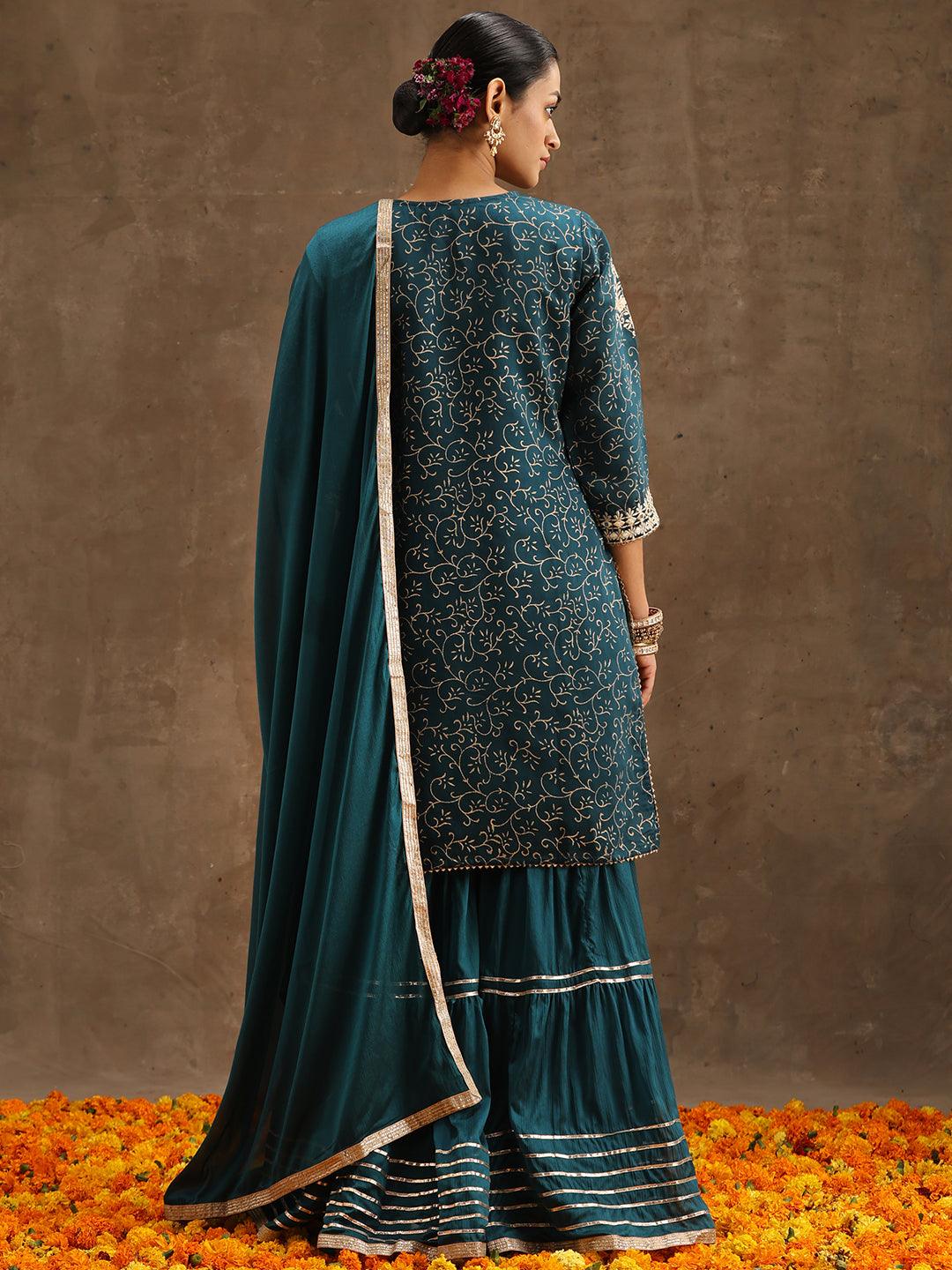 Teal Yoke Design Silk Blend Straight Sharara Suit Set With Dupatta