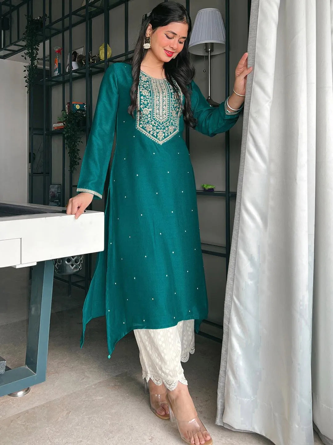 Teal Yoke Design Silk Kurta - Libas