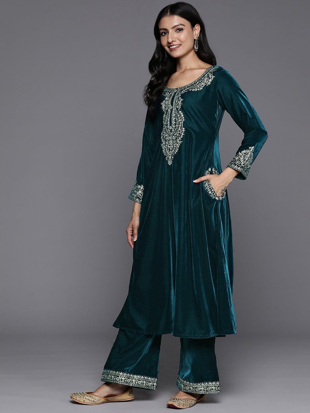 Teal Yoke Design Velvet A-Line Kurta With Palazzos & Dupatta - Libas