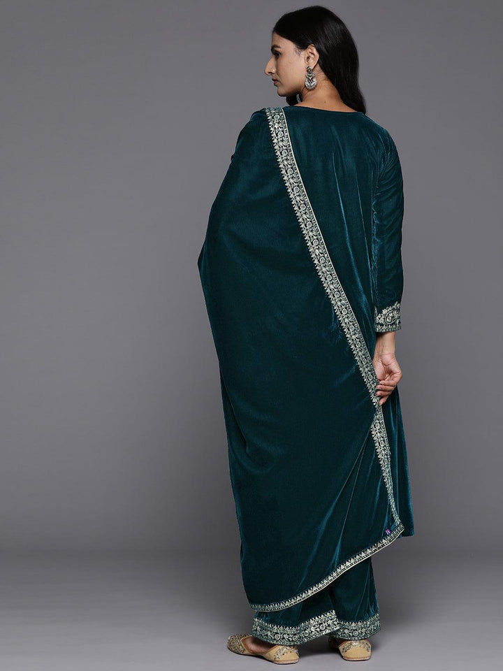 Teal Yoke Design Velvet A-Line Kurta With Palazzos & Dupatta - Libas