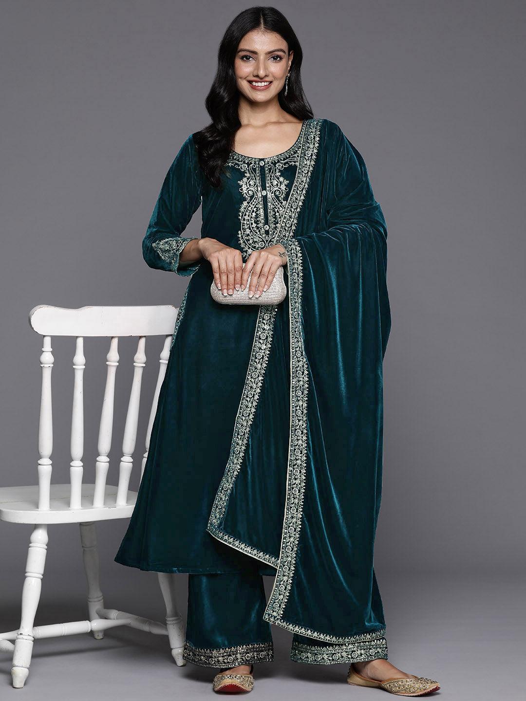 Teal Yoke Design Velvet A-Line Kurta With Palazzos & Dupatta - Libas