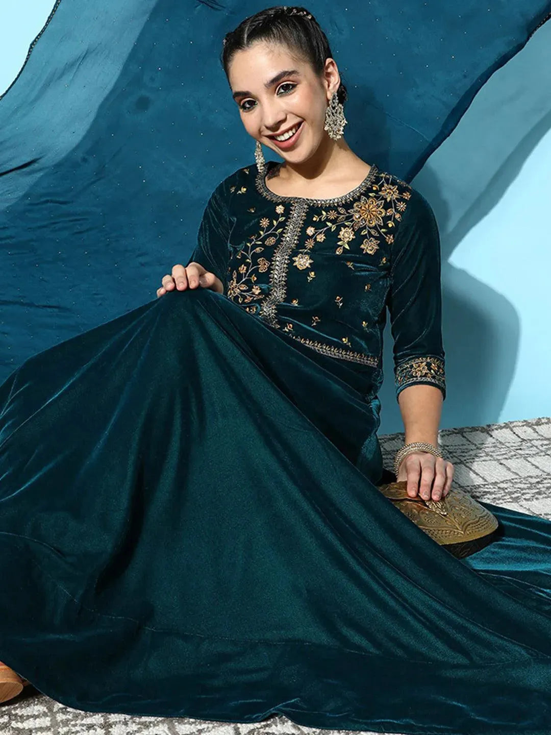 

Teal Yoke Design Velvet Anarkali Kurta With Churidar & Dupatta